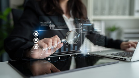 High-tech data visualization dashboard for analytics and performance tracking, including data...