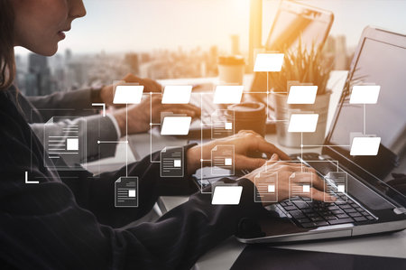 Digital file structure showing folder organization, file hierarchy, and document arrangement. File...