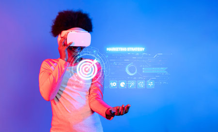 A dynamic scene showcasing a person using virtual reality tools to engage with innovative marketing...