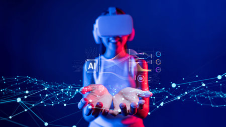 A child interacts with advanced AI technologies in virtual reality, showcasing the future of data...