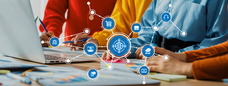 Startup company employee working together, analyzing BI dashboard paper on financial data report and...
