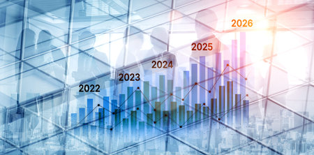 Business bar chart and line graph showing yearly business growth from 2022 to new year 2026,...