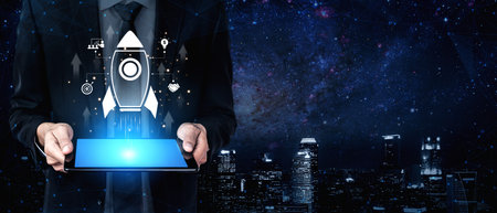 Startup launch and business growth concept, rocket symbolism, entrepreneurship, startup innovation,...