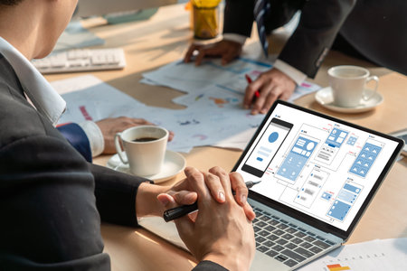 UX UI design process for modish mobile application and website . Creative prototype of wireframe for...