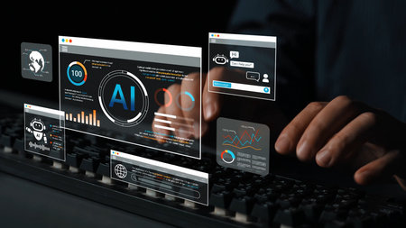 Innovative digital interface showcasing artificial intelligence analytics, interactive graphs, and...