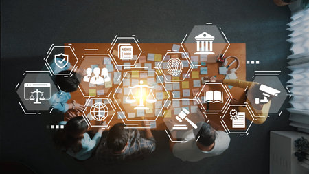 Collaborative Meeting with Digital Workflow and Icons Representing Law, Technology, and Education...