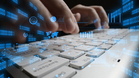 A close-up view of hands typing on a keyboard surrounded by digital graphs and data visualizations,...