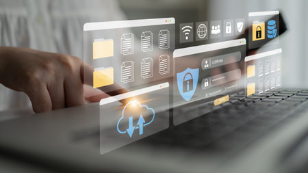 Secure login and file management interface with folder, password, and encryption icons for...