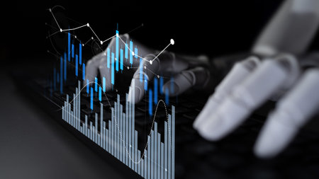A close-up view of robotic hands typing on a keyboard while financial graphs and data visualizations...
