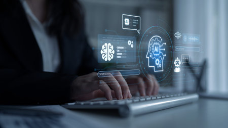 Advanced AI cognitive computing concept with human brain and AI gear integration, featuring smart AI...