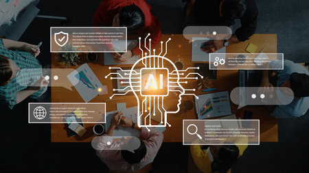 Aerial View of Diverse Team Collaborating on Artificial Intelligence Strategies with Digital...