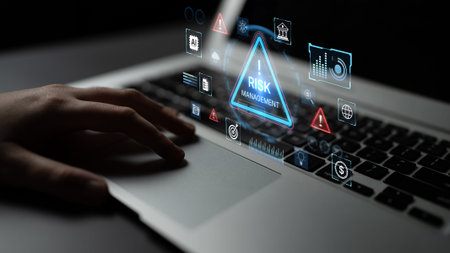 Futuristic risk management featuring AI agents analyzing data, detecting anomalies, and predict...