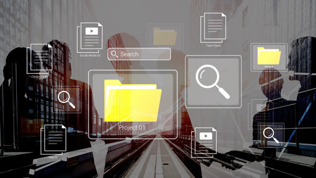 Digital Workspace Visualization with File Icons and Project Management Symbols in a Modern Office...