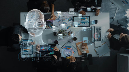 A captivating overhead view of professionals engaged in a collaborative meeting with futuristic...