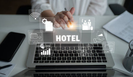 Digital Interface Concept for Hotel Management with Symbols for Services, Analytics, and Technology...