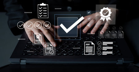 Hands typing on a laptop symbolize modern business analysis and workflow optimization. Digital tools...