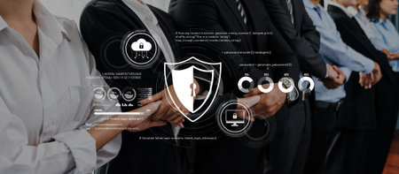 Diverse business team collaborates on cybersecurity strategy, showcasing digital lock symbols and...