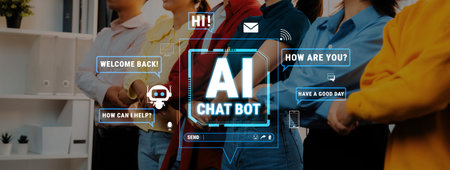 Advanced AI Chat Bot Interface Displayed with Diverse Group of People Engaged in Technology...
