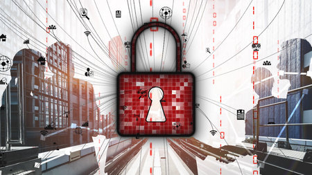 This image depicts a large padlock representing digital security against a backdrop of modern...