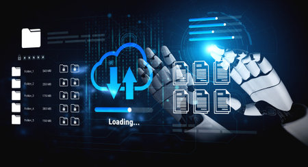A conceptual image showcasing a robotic hand engaged with a cloud upload symbol, illustrating...
