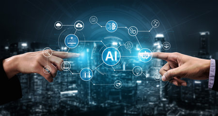 AI network diagram with connected technology icons for digital business. AI platform, analytics, AI...