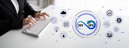 Business Professional Engaging in DevOps Practices with Technology Symbols on a Modern Workspace, Illustrating Continuous Integration and Collaboration Quark.の写真素材
