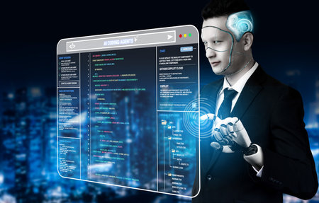 Futuristic Businessman Analyzing Data on Augmented Reality Screen with AI Interface in Urban...