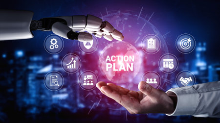 A striking image of a robotic hand reaching for an action plan, surrounded by digital icons that...