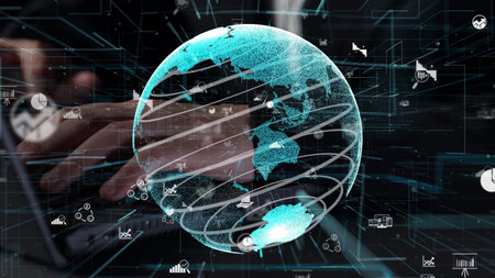 Engaging digital visualization of a glowing globe surrounded by data graphics, emphasizing...