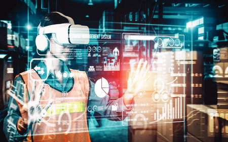 Future virtual reality technology for innovative VR warehouse management . Concept of smart...