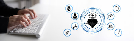Hands Typing on Keyboard with Health Care Icons Representing Medical Technology and Digital Health...