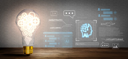 AI chatbot interface, communication bubbles, and connected data elements representing automated...