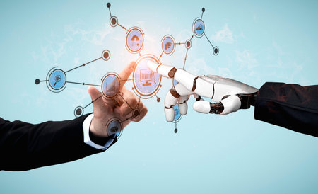 A creative representation of human-robot interaction showcasing the blend of digital technology and...