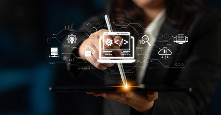 Modern web development concept featuring coding symbols, web development process, web development...