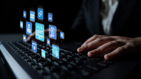 Software development with coding overlays, programming languages, developer tools, mobile app...
