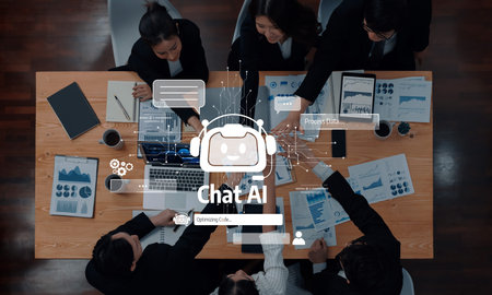 A professional business team collaborates on Chat AI technology in a modern office, utilizing data...