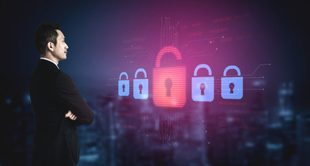 Digital security concept illustrating a cybersecurity breach, with a red unlocked padlock indicating...