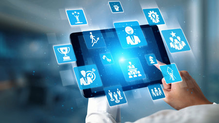 Leadership icons symbolize teamwork, vision, and decision-making. Leadership guides business,...