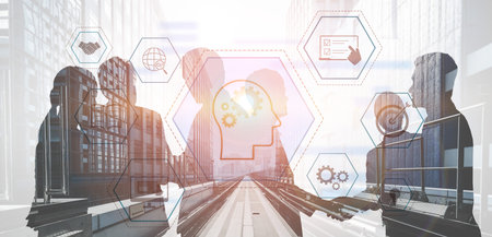 Head with gear and icons representing learning, digital training, and development process, showing...