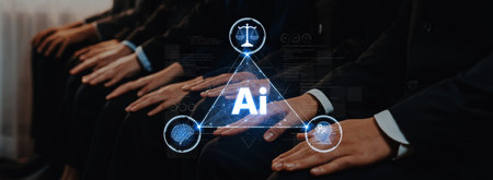 This image captures hands of professionals showcasing the concept of artificial intelligence,...