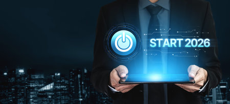 Start 2026 concept with futuristic power button symbolizing fresh beginnings, innovation, and...