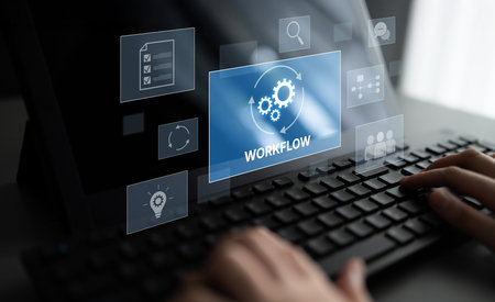 Workflow optimization concept featuring interconnected gears, task management, collaboration,...