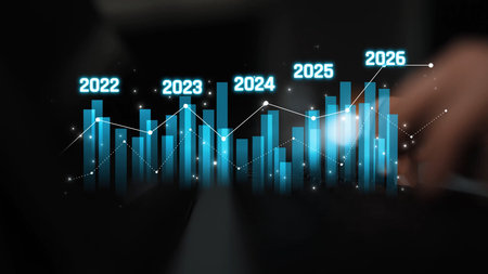 Business bar chart and line graph showing yearly business growth from 2022 to new year 2026,...