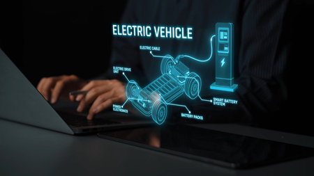 Structure of electric car showing battery system, traction motor, control units, and charging...