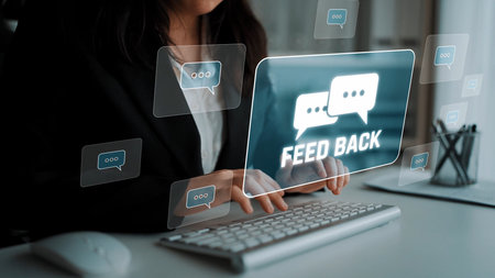 Customer or business team feedback system highlighting comments, opinions, evaluations, reviews, and...