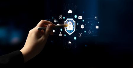 Hand Using Pen to Interact with Digital Security Icons and Encryption Symbols on a Futuristic...