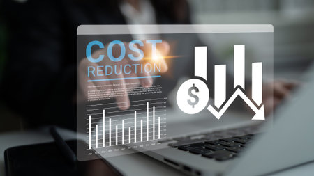 A professional setting showcasing a digital cost reduction strategy with graphs and financial icons...