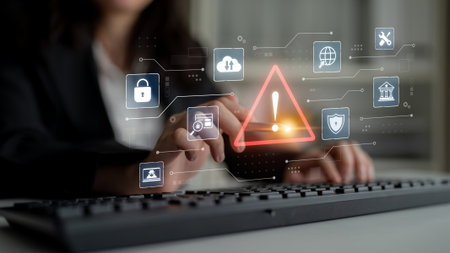 Exclamation alert symbol in digital system network reflecting AI threat, virus, and risk detection....