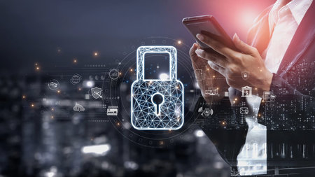 Cybersecurity protection system showing password encryption, fingerprint ID, cloud security, email,...