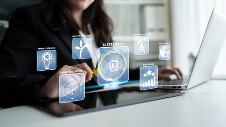 Professional Businesswoman Engaging with Futuristic AI Strategy Concepts in a Modern Office Environment for Innovation and Technology Advancement Quark.の写真素材